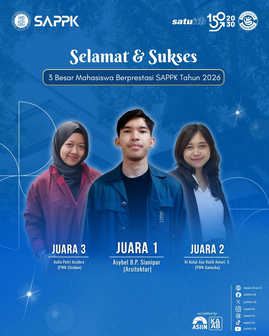 Selamat dan sukses kepada 3 Besar Mahasiswa Berprestasi SAPPK Tahun 2026